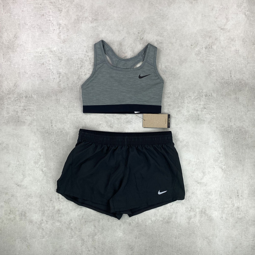 nke swoosh bra/ shorts black/ grey set women's