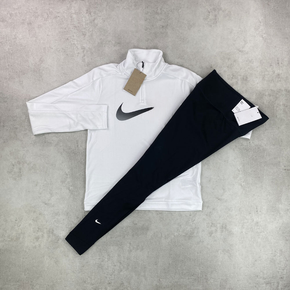 nke swoosh half zip/ leggings white/ black set women's